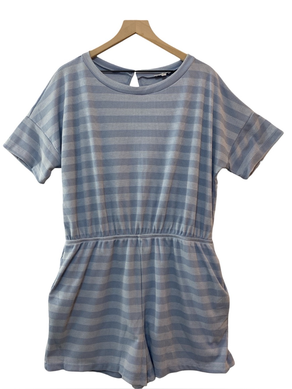 White Birch Waffle Knit Striped Short Romper Size L Casual Vacation Stretch - Picture 1 of 12